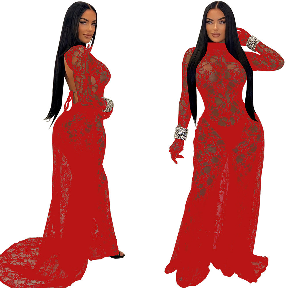 Sexy Women's Sexy See-Through Lace Low Back Lace-Up Jumpsuit 5