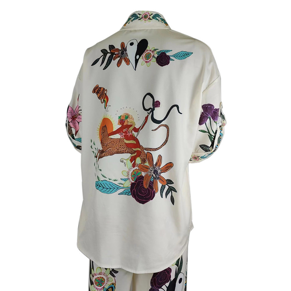 Summer Women Loose Printed Shirt Trousers Two-piece Set 13
