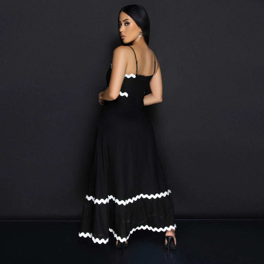 Women Strap Solid Wave Ribbon Patchwork Solid Strap Dress 7