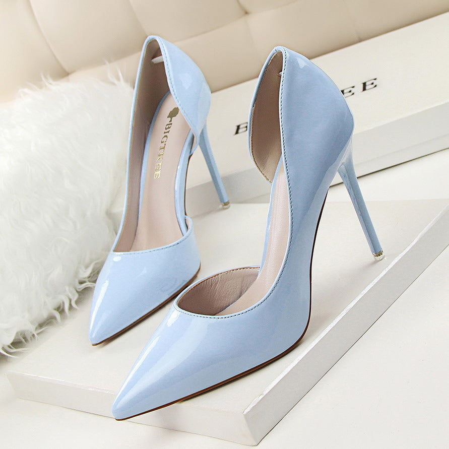 Fashionable High-Heeled Patent Leather Stiletto Shallow Mouth Pointed Toe Hollow Sexy High-Heeled Shoes 18