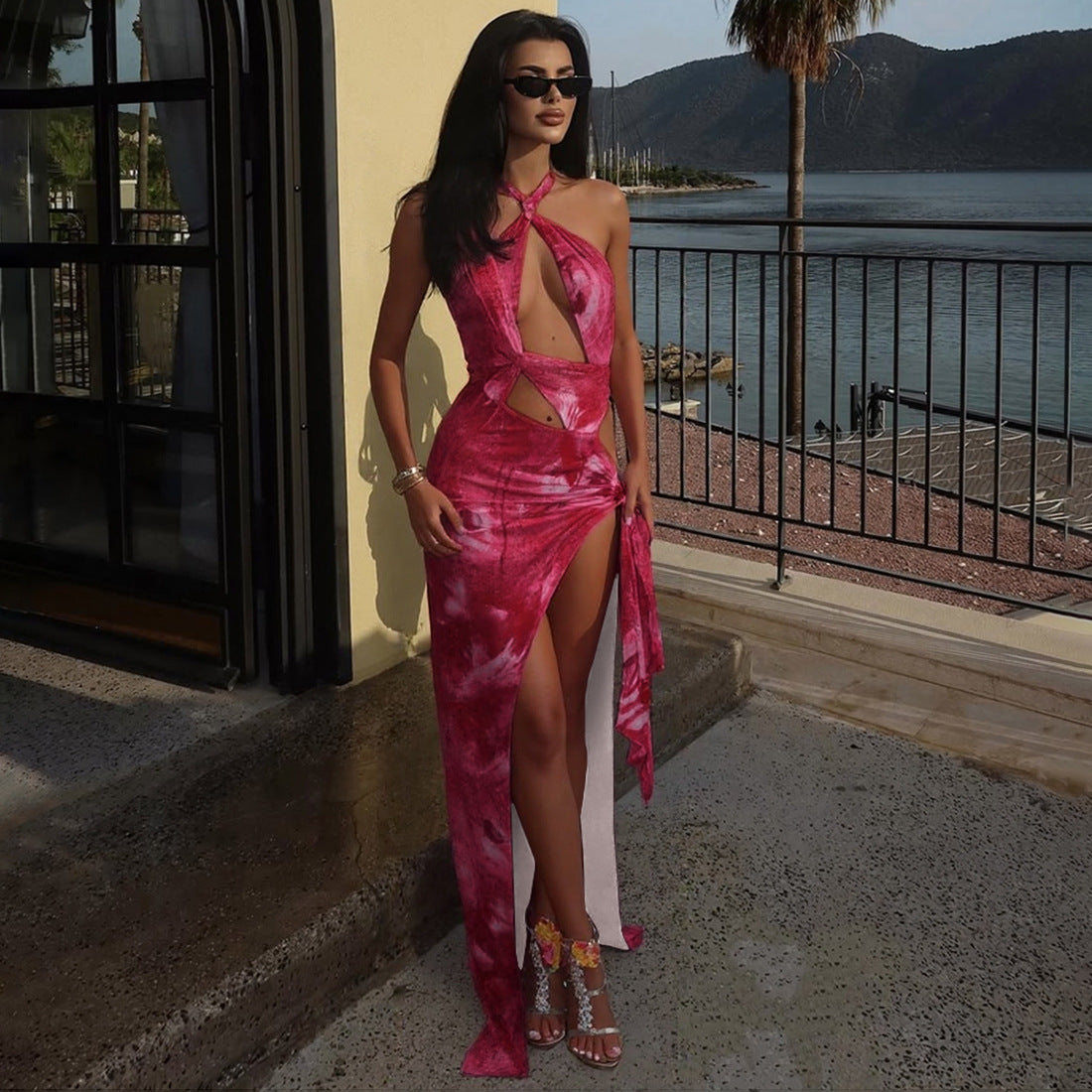 Women Summer Sexy Irregular Halter Neck Contrast Lace-Up Slit Dress 3