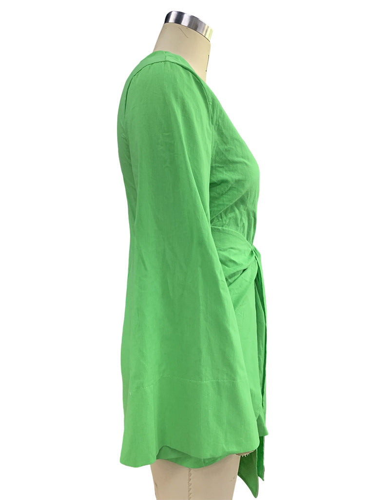 Ladies Fashion Chic Bell Bottom Sleeve V Neck Linen Dress 23