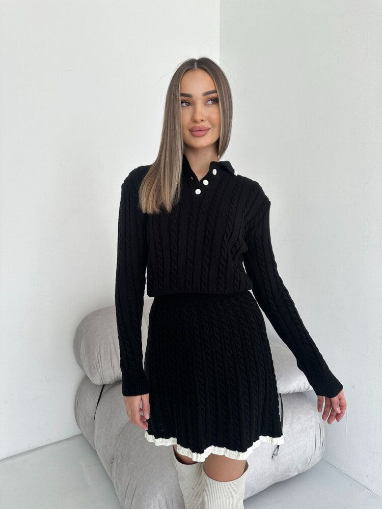 Women Casual long-sleeved knitting button sweater Skirt two-piece suit 9