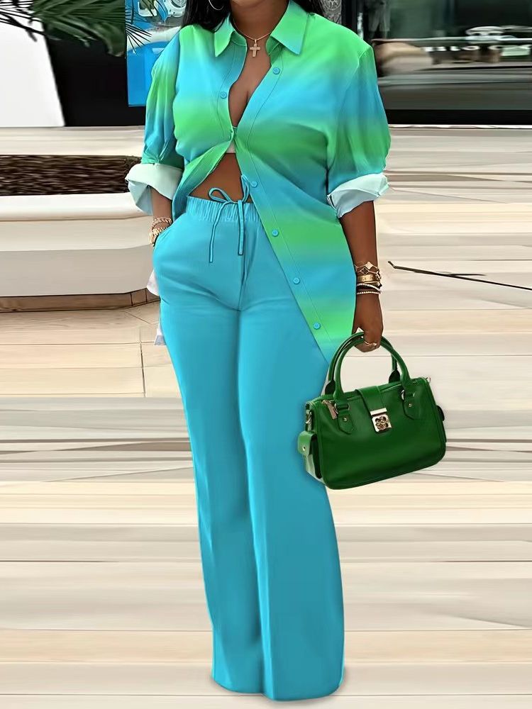 Women's Fashion Casual Print Long Sleeve Shirt Pants two piece Set 10