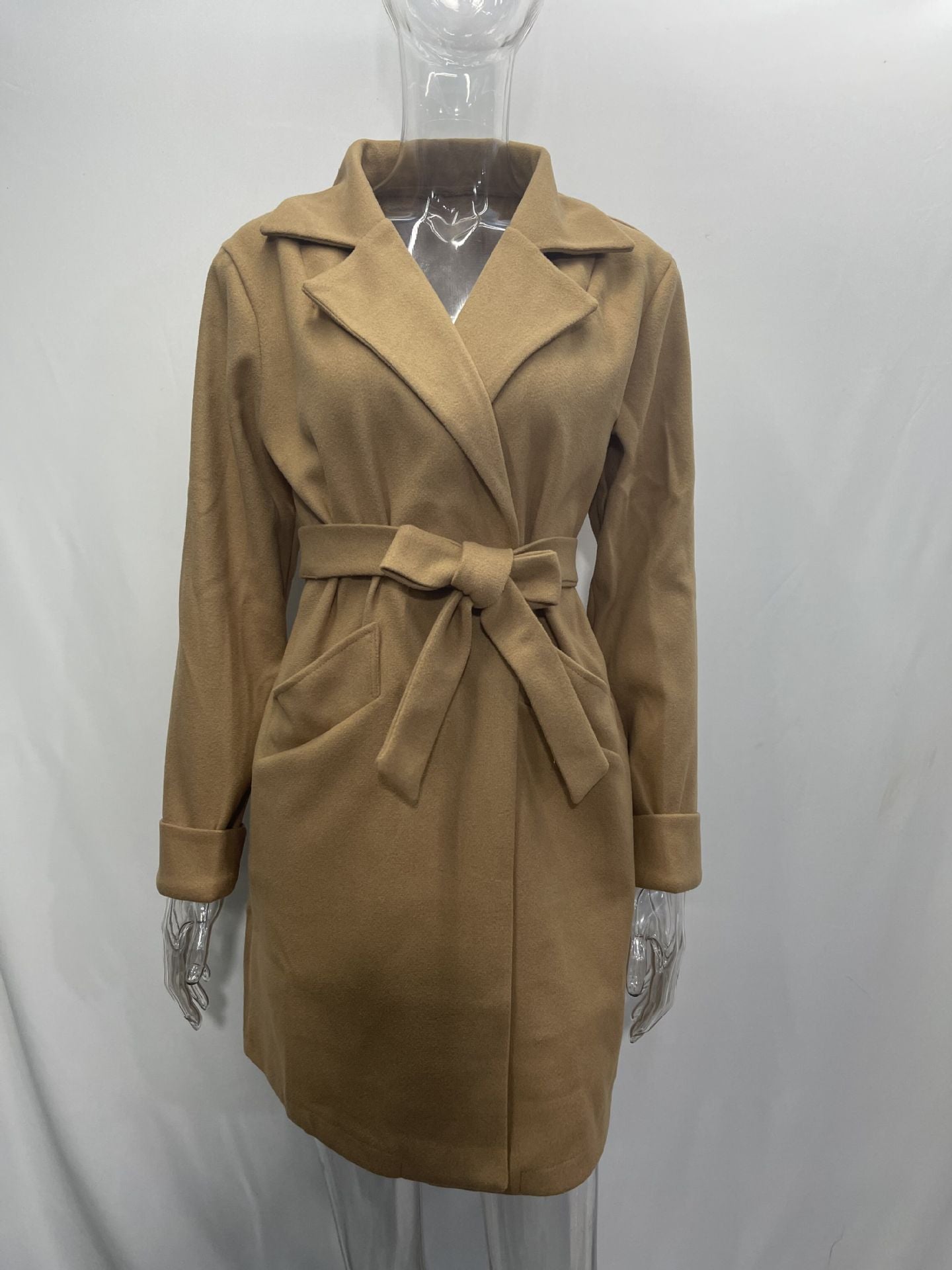 Women Belt Turndown Collar Coat 30