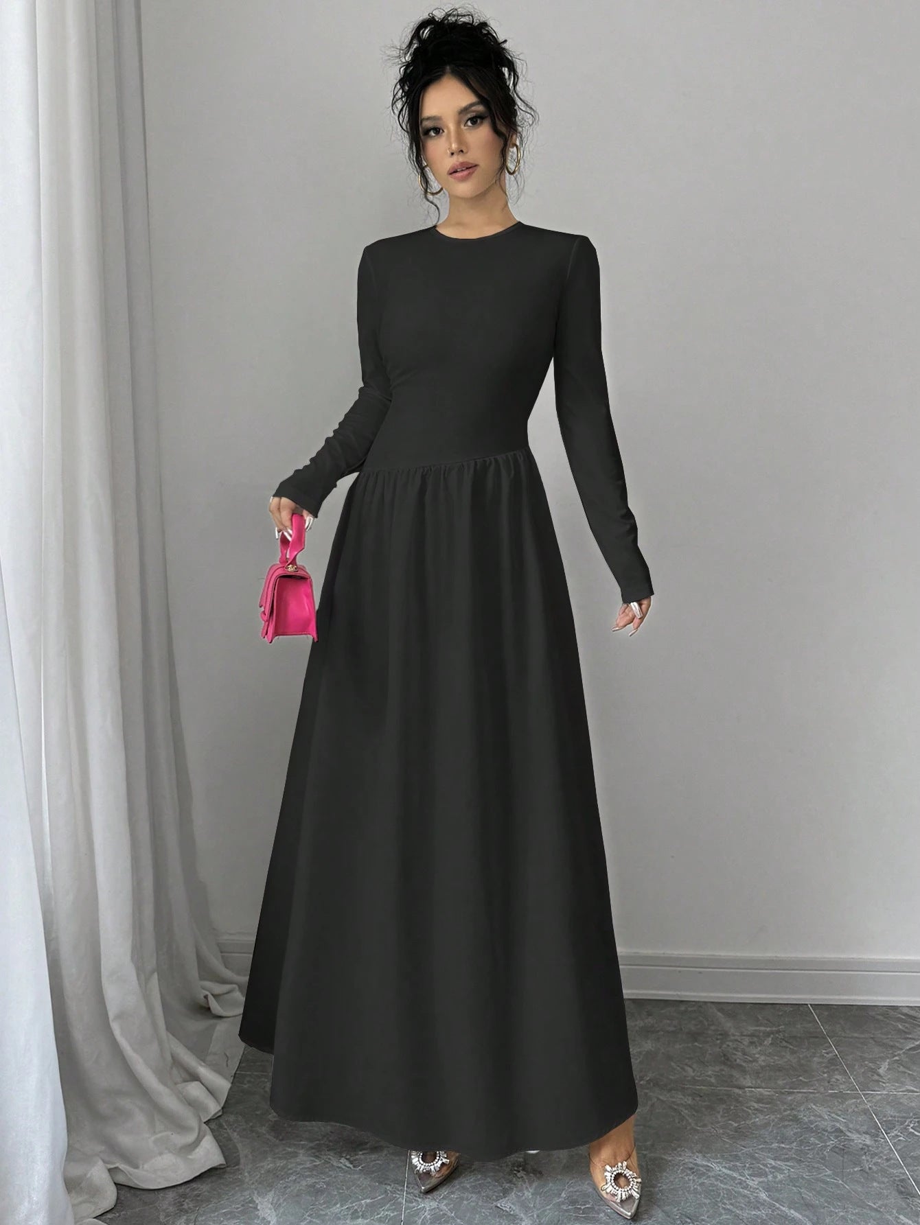 Women Fashion Elegant Black Round Neck Long Sleeve Dress 4