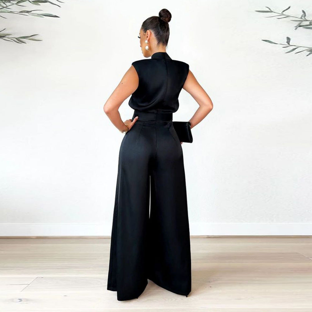 Women's Fashion Wide Leg Pants Solid Color Turtleneck Sleeveless Slim Waist Jumpsuit 13