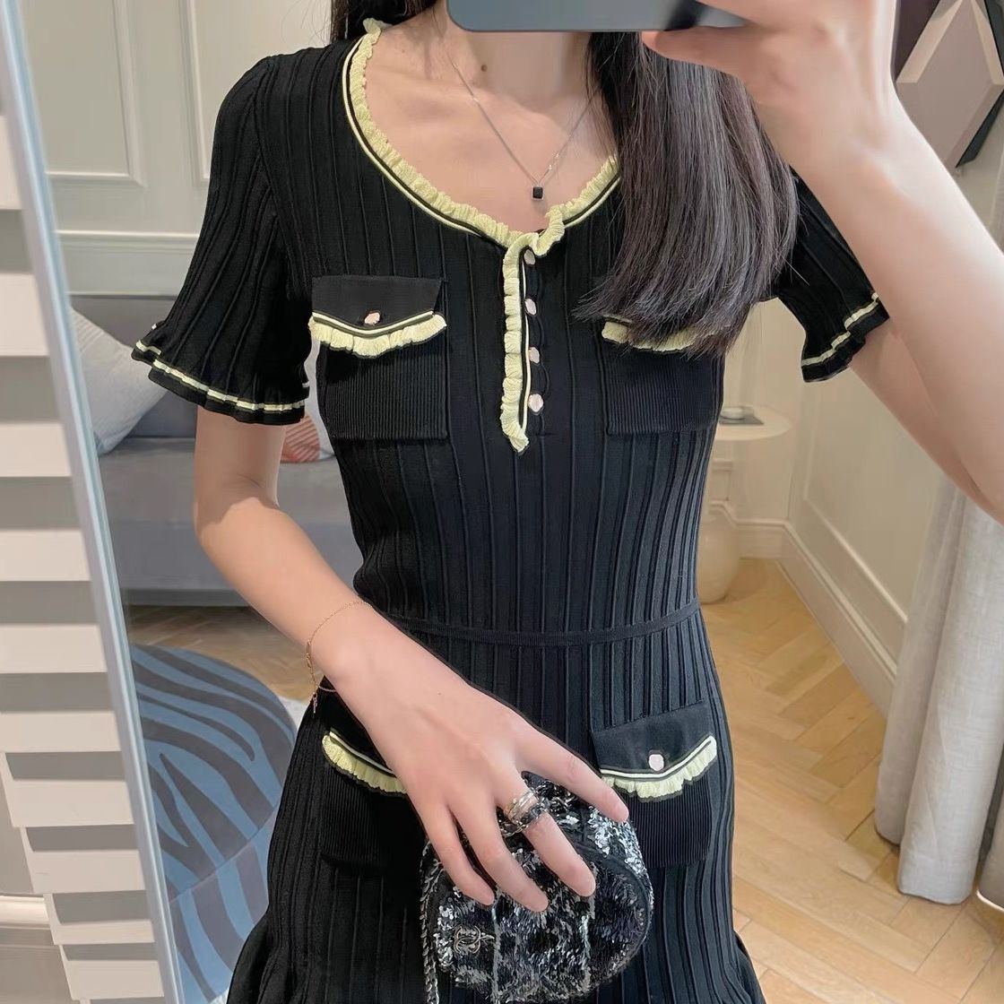 Women French Elegant Contrast Color Fishtail Skirt Pleated Dress 3