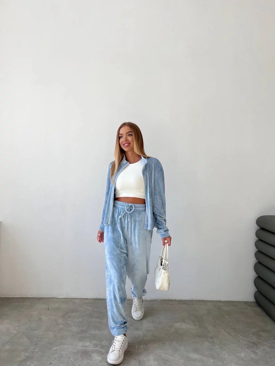 Autumn Velvet Zipper Long Sleeves Top Elastic Waist Pockets Trousers Casual Two-Piece Suit For Women 9