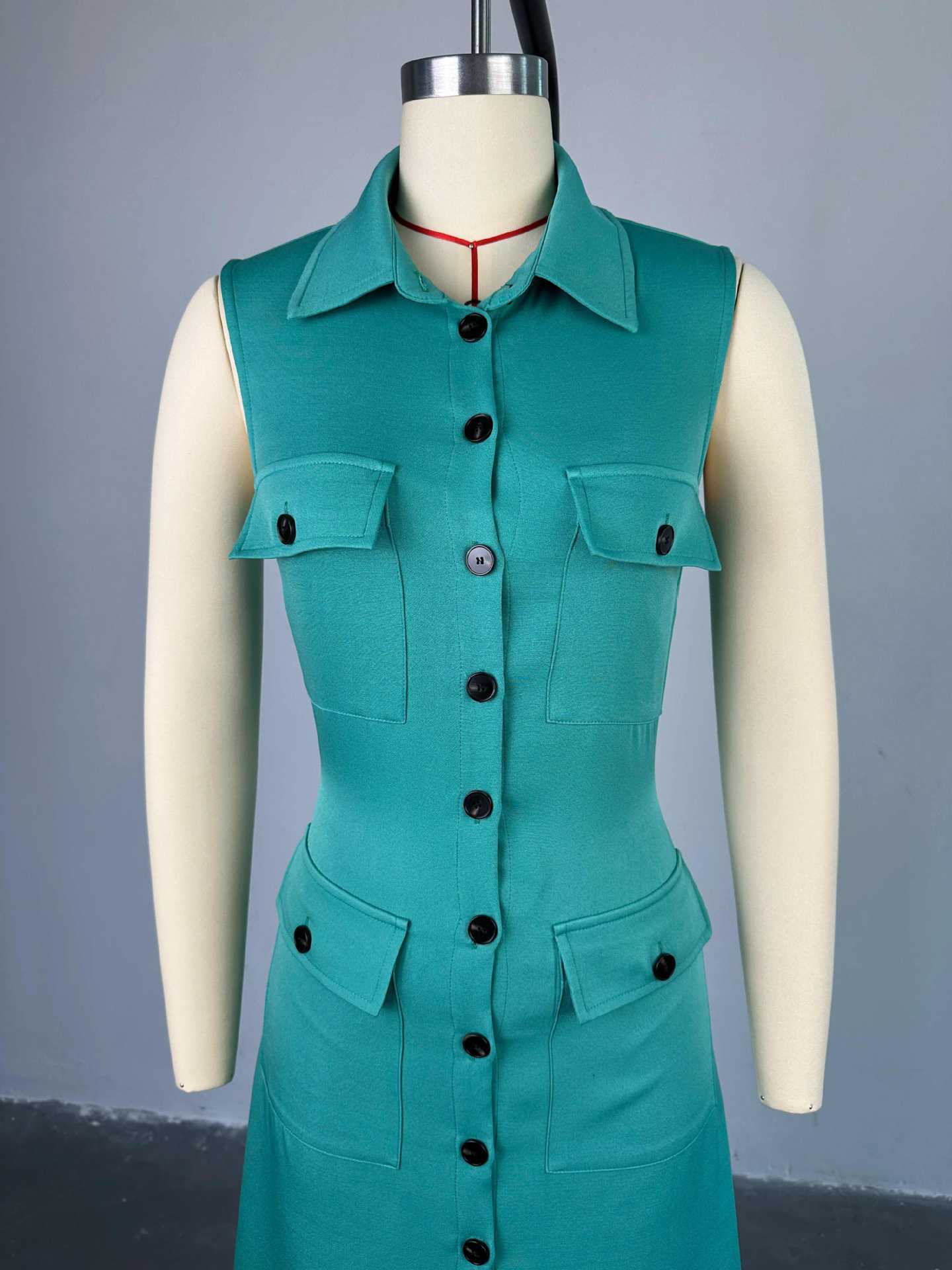 Women Summer Turndown Collar Sleeveless Patch Pocket Dress 7