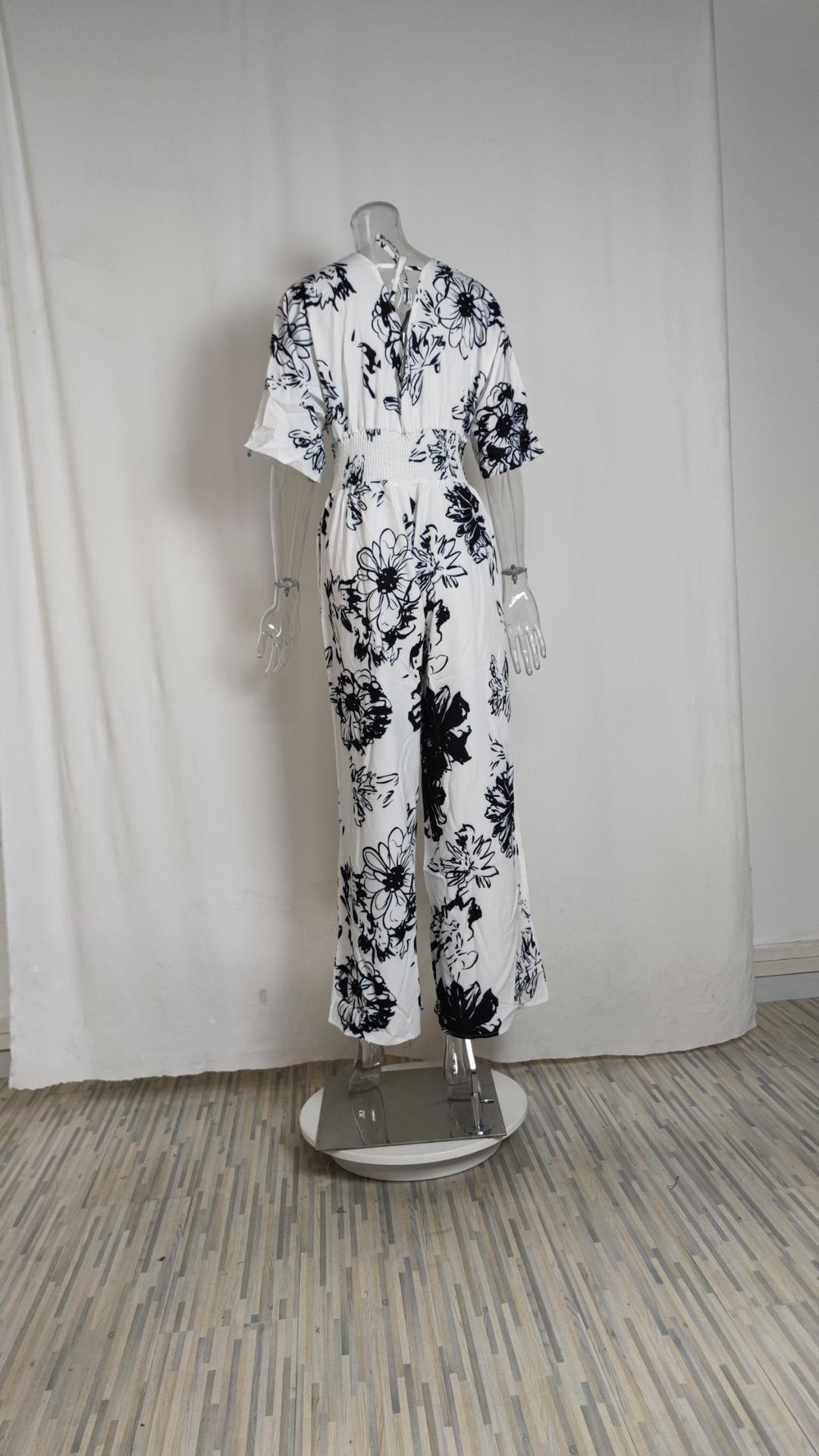 Summer Women's Fashionable And Elegant Print Bat Sleeves Slim Waist V-Neck Jumpsuit 16