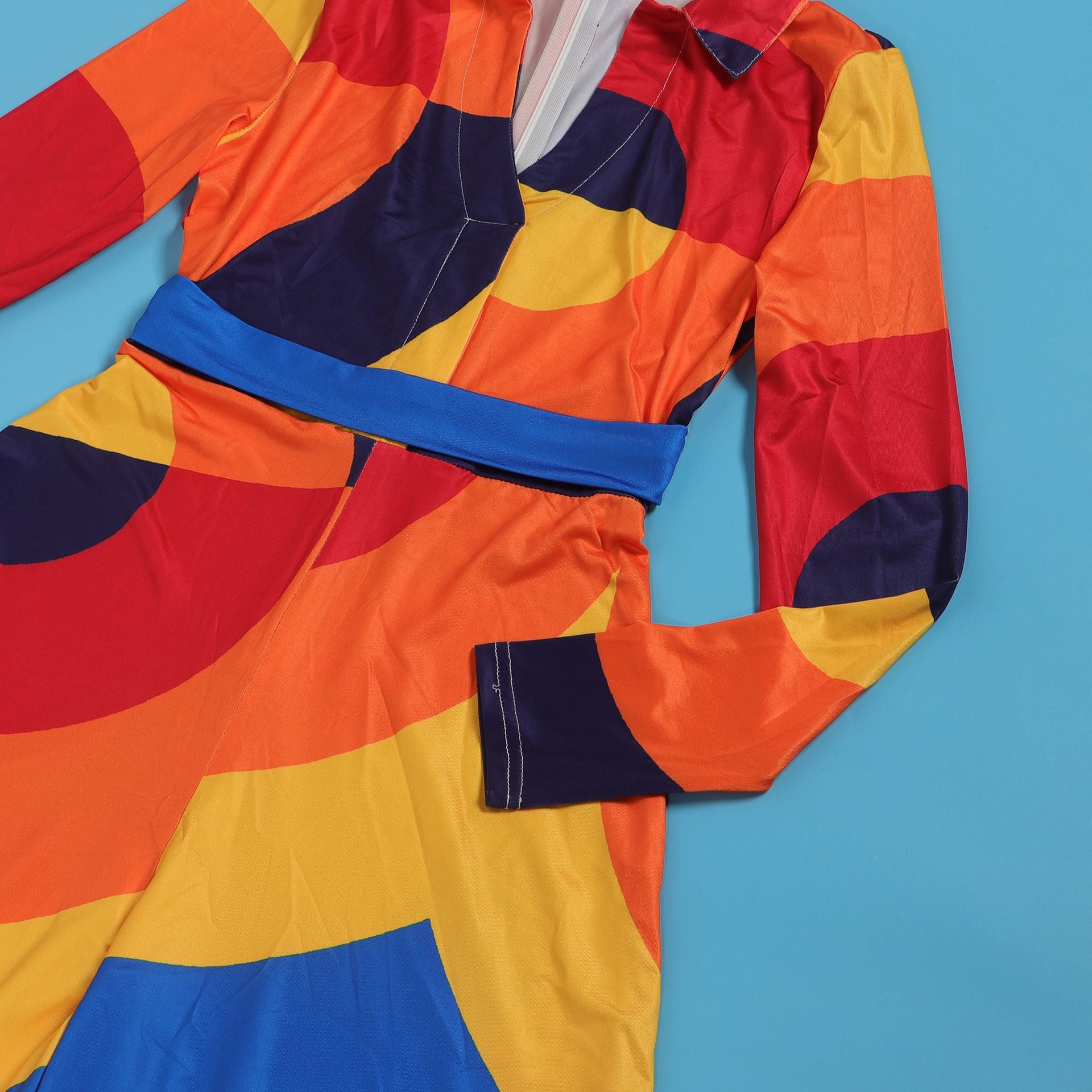 Sexy Slim Deep V Printed Wide Leg Turndown Collar Slim Waist Long Sleeve Jumpsuit 20