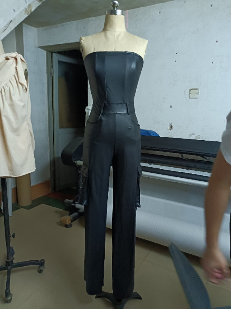 Women's Sexy Strapless Tight Fitting Slim Waist Pu Leather Jumpsuit 6