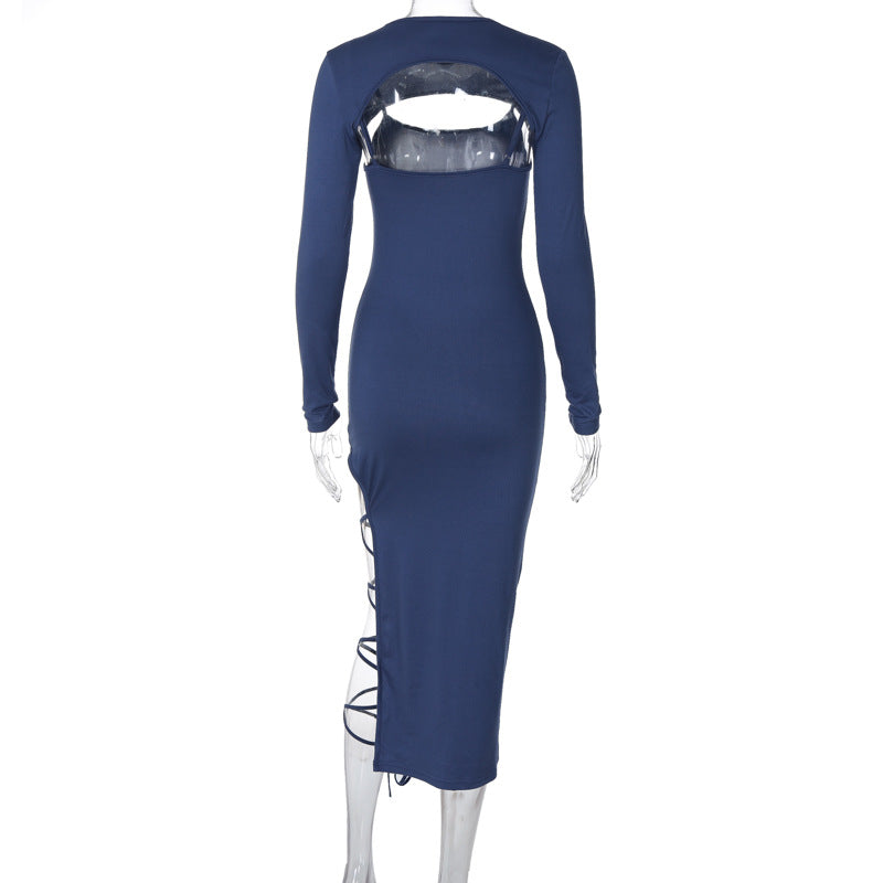 Women's Spring Long Sleeve Cape Top Lace-Up Sexy Straps Slit Bodycon Dress Two Piece Set 15