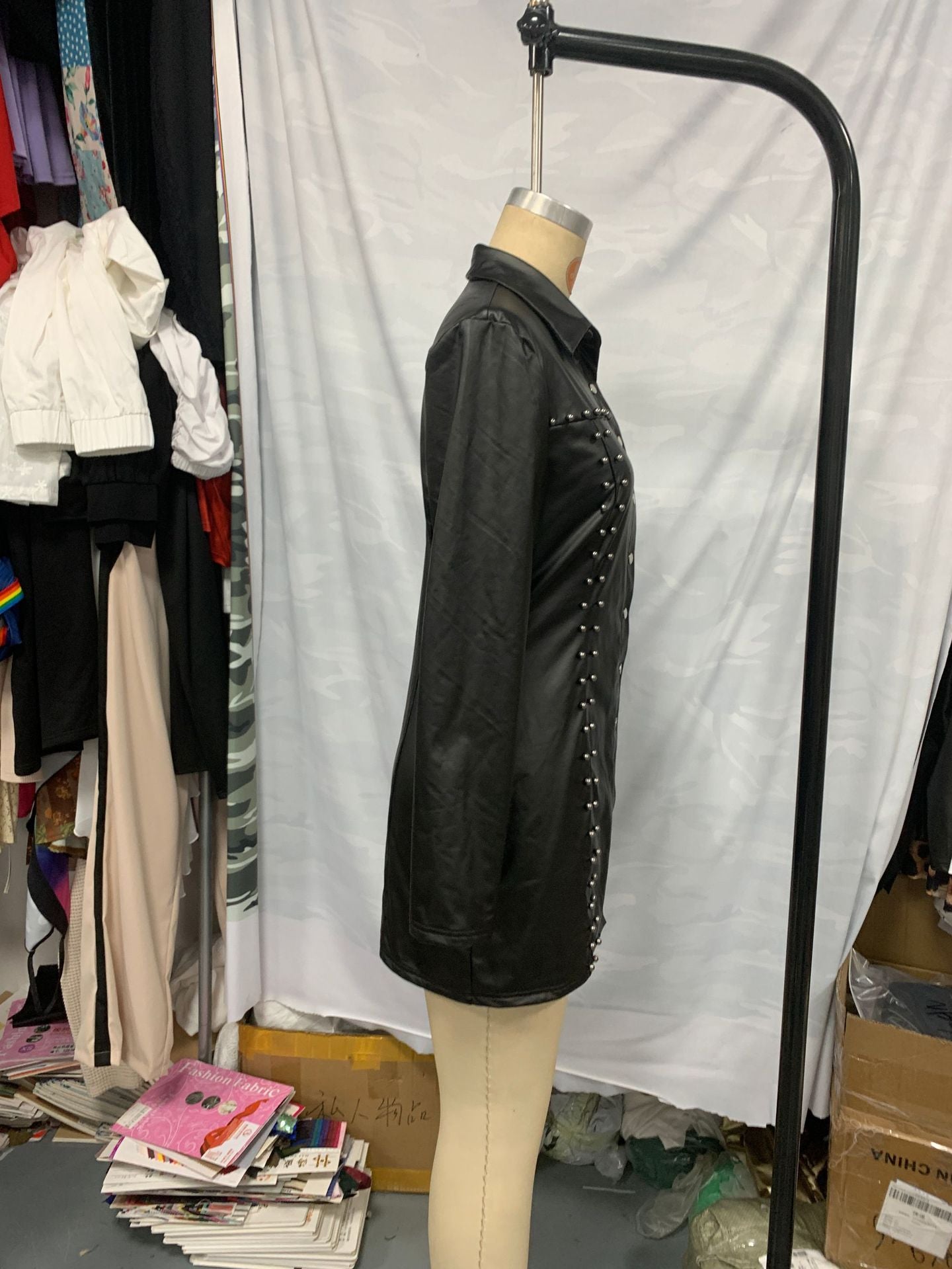 Women Long Sleeve Beaded Snap Button Turndown Collar Sexy Pu-Leather Dress 4