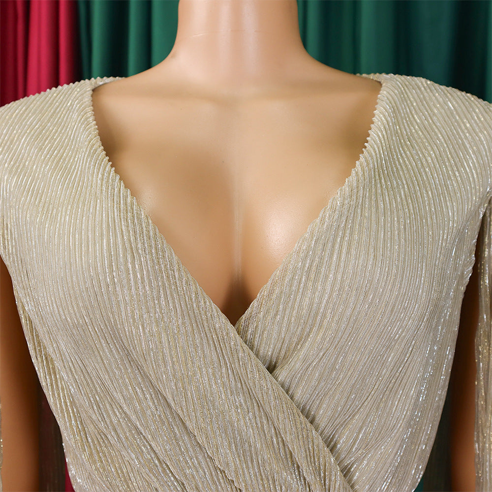 Belted V-Neck Chic Long Sleeve Cape Slim Waist Gown Dress 16