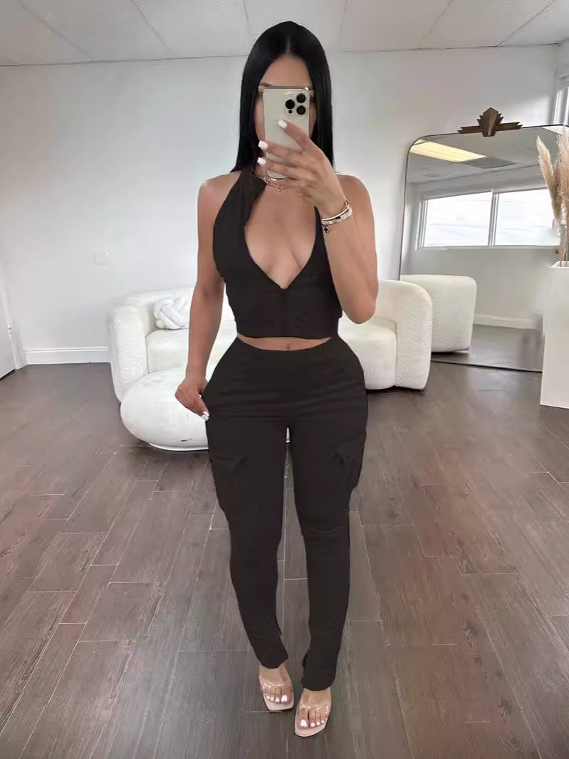 Women's Casual Sports Tight Fitting Zipper Top Butt Lift Pants Two Piece Set 7