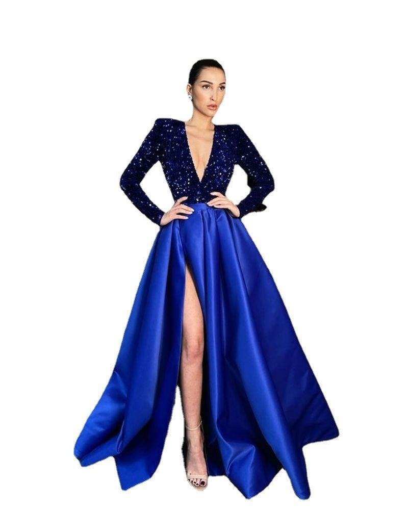 Feminine Long-Sleeved Sequin V-Neck Swing Sequin Slit Long Evening Dress 8