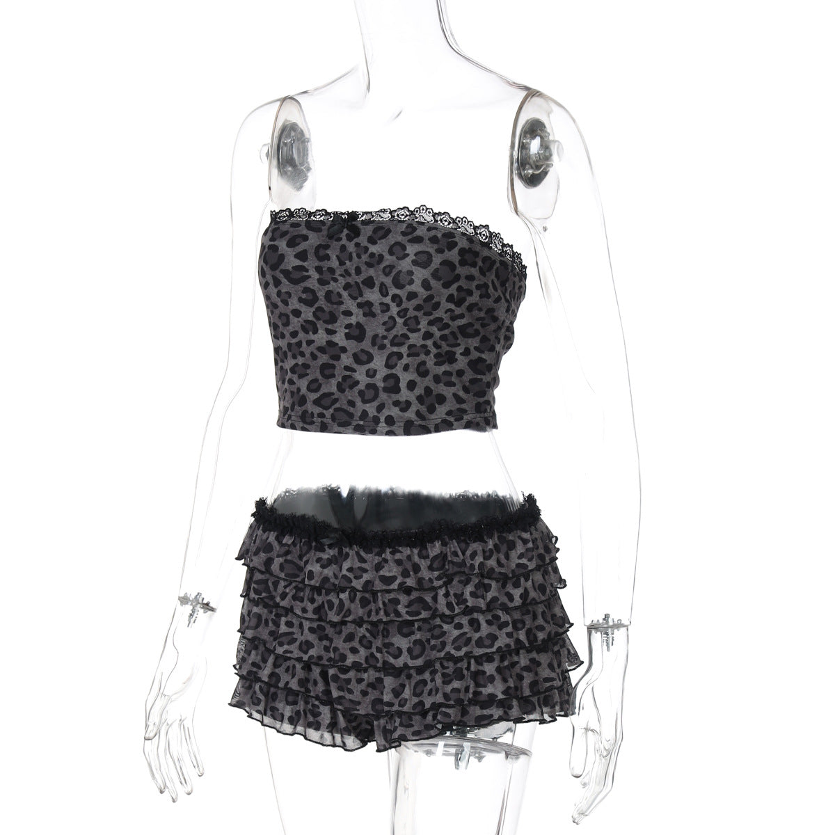 Women Summer Mesh Pleated Patchwork Leopard Printed Wrap Top and Shorts Two Piece Set 8