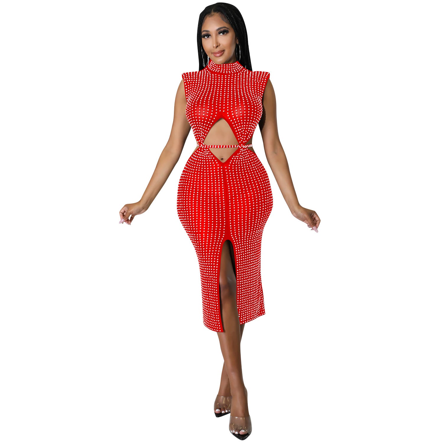 Women Fashion Sexy Mesh See Through Hot Drill Hollow Out Slit Dress 3