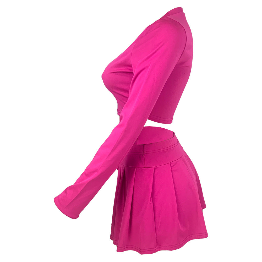 Women's fashion solid color Round Neck Crop slim long-sleeved top pleated short skirt two-piece set 10