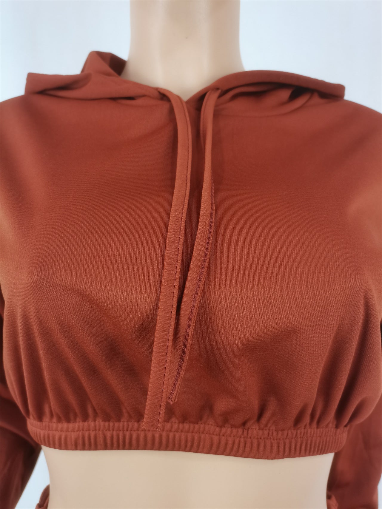 Women Casual Solid Lace-Up Drawstring Long Sleeve Top and Short Two-Piece Set 17