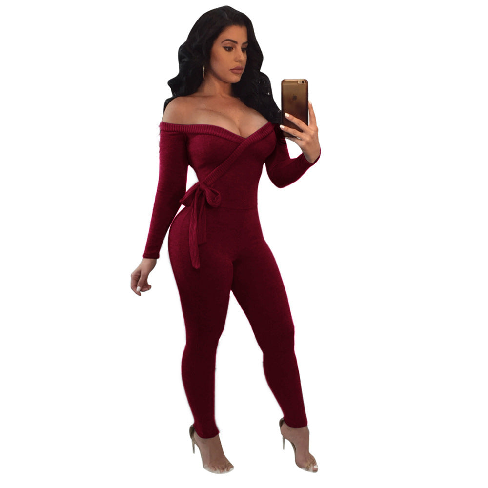 Sexy deep v women's long-sleeved off-the-shoulder Jumpsuit 3