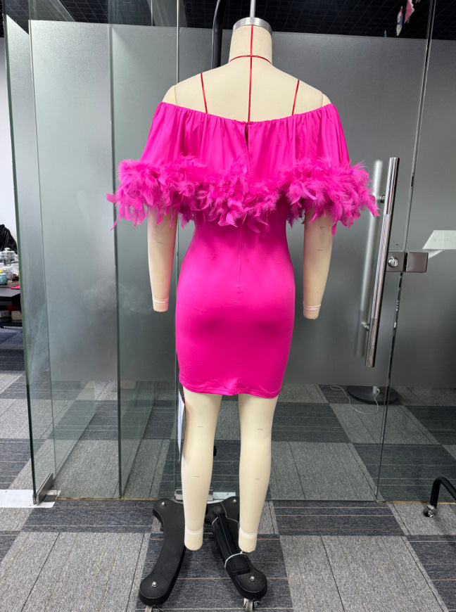 Sexy Off Shoulder Feather Elastic Bodycon Slim Dress 5
