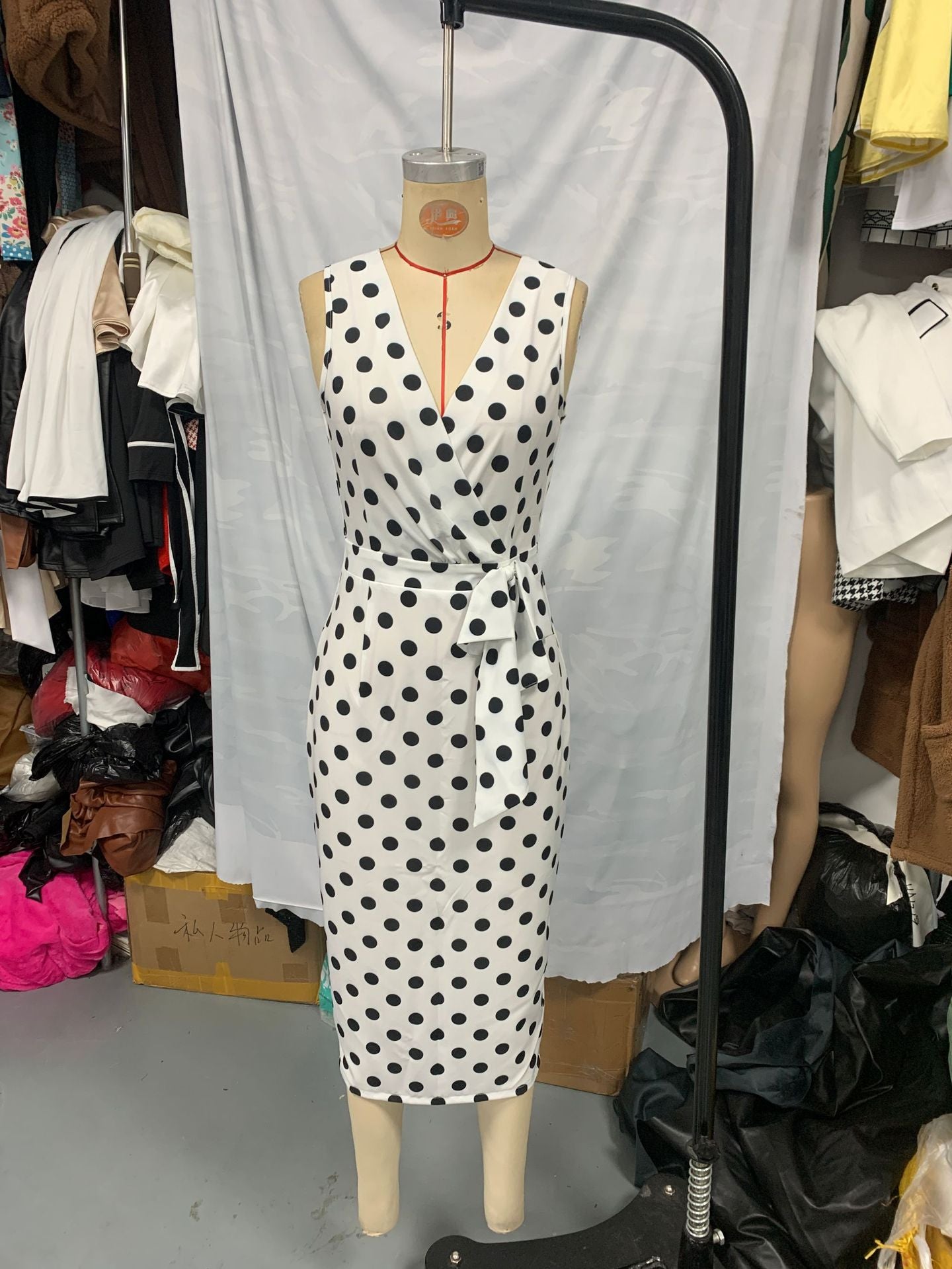 Summer Holidays Chic Black White Polka Dot Sleeveless Bow V-Neck Slit Dress 4