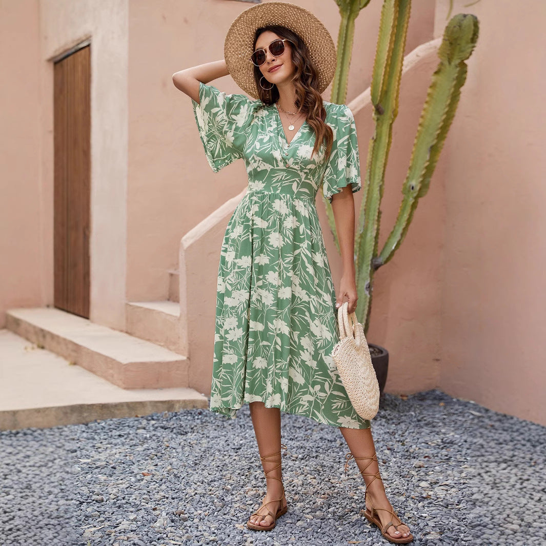 Women Printed V-Neck Short Sleeve Bohemian Holidays Beach Dress 4