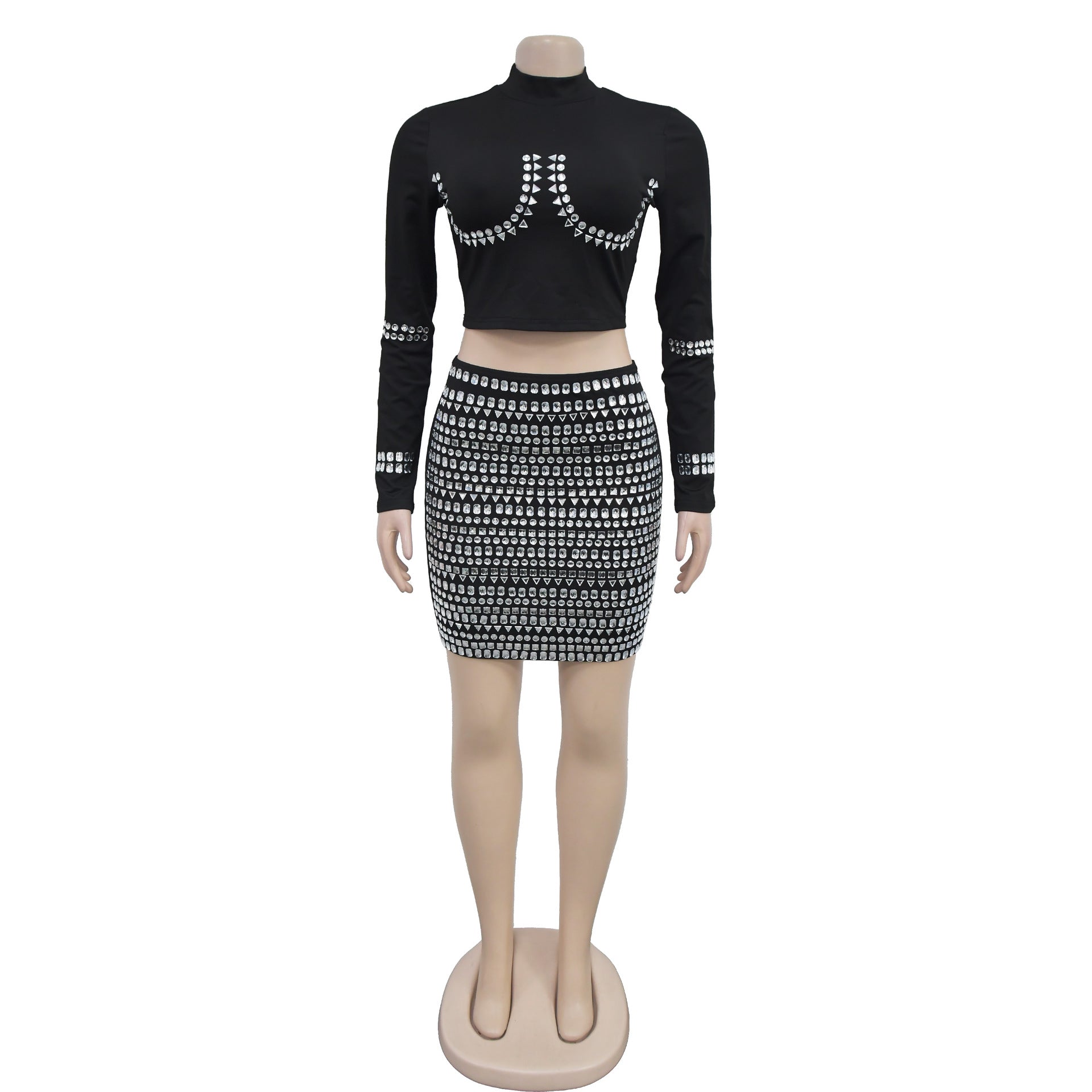 Women long sleeve sexy Top and Bodycon Beaded Skirt two-piece set（customized,MOQ 6pcs/size/color,process time 7-10 days） 5