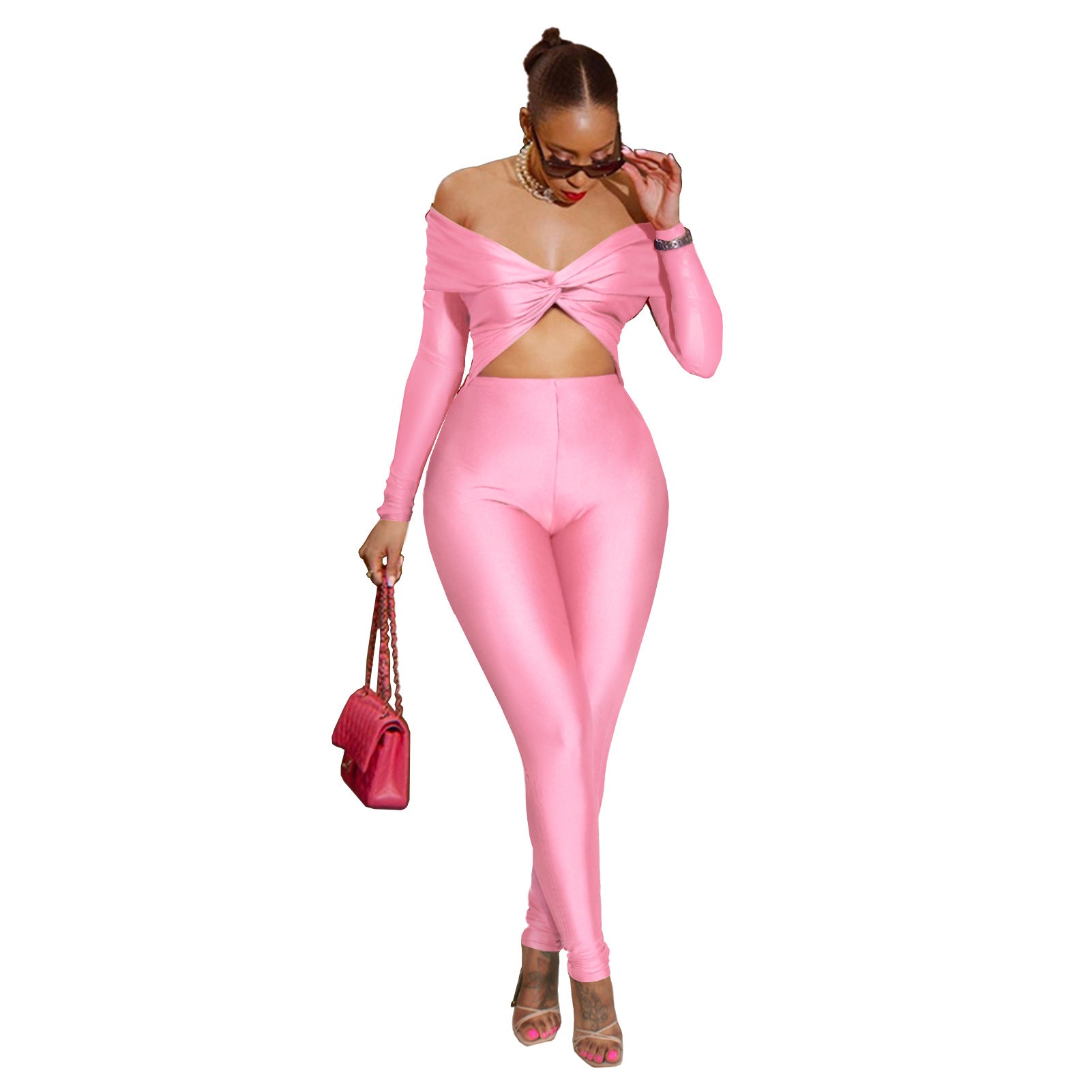 Women's off shoulder Knot Hollow Sexy High Waist Long Sleeve Jumpsuit 13