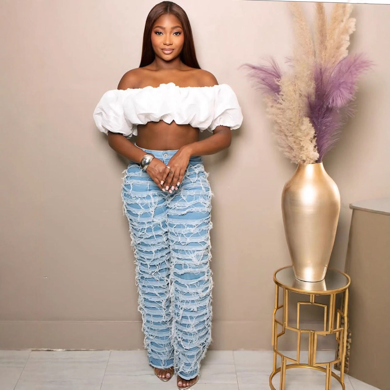 Women Washed and Distressed Casual Denim Pants 4