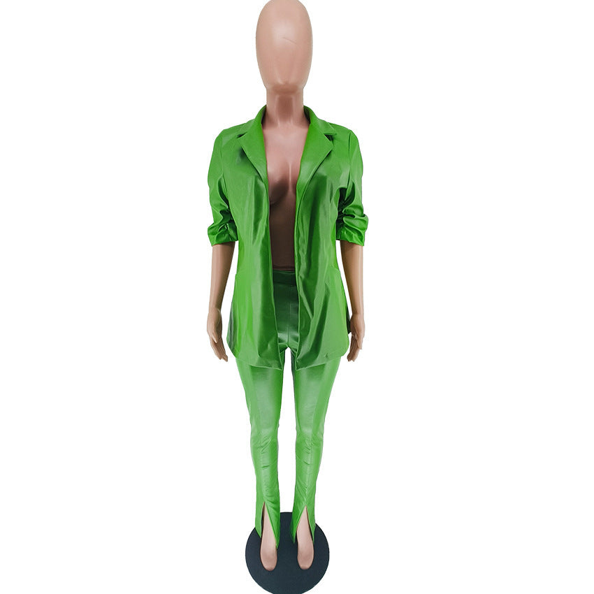 Women'S Pu Leather Turndown Collar Blazer Slit Tight Pants Two Piece Set 16