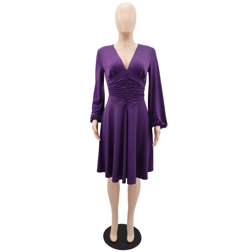 Slim Fit Chic V Neck Long Sleeves Slim Waist A-Line Midi Dress Women's Summer Dress 18
