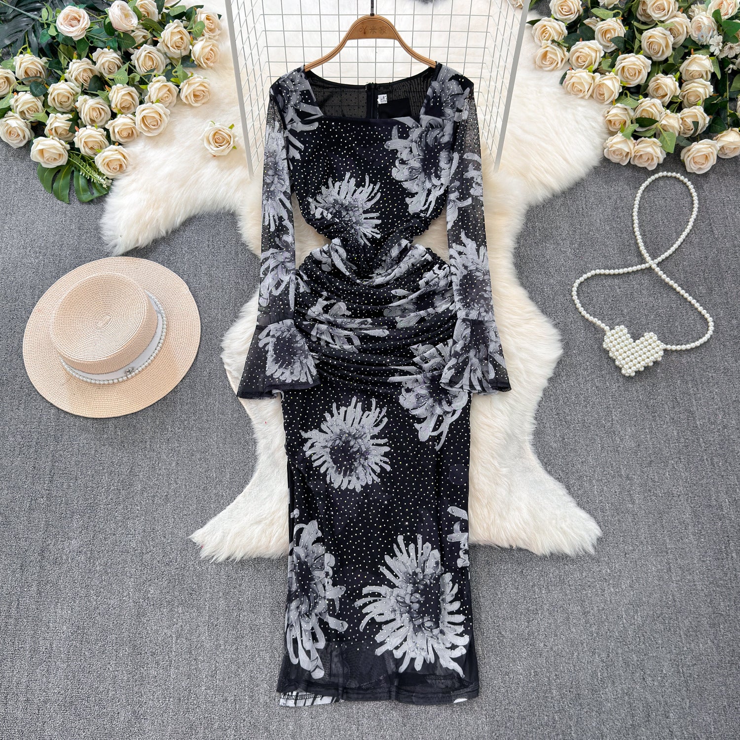 Long-Sleeved Square Neck Chic Slim Spring Autumn Dress