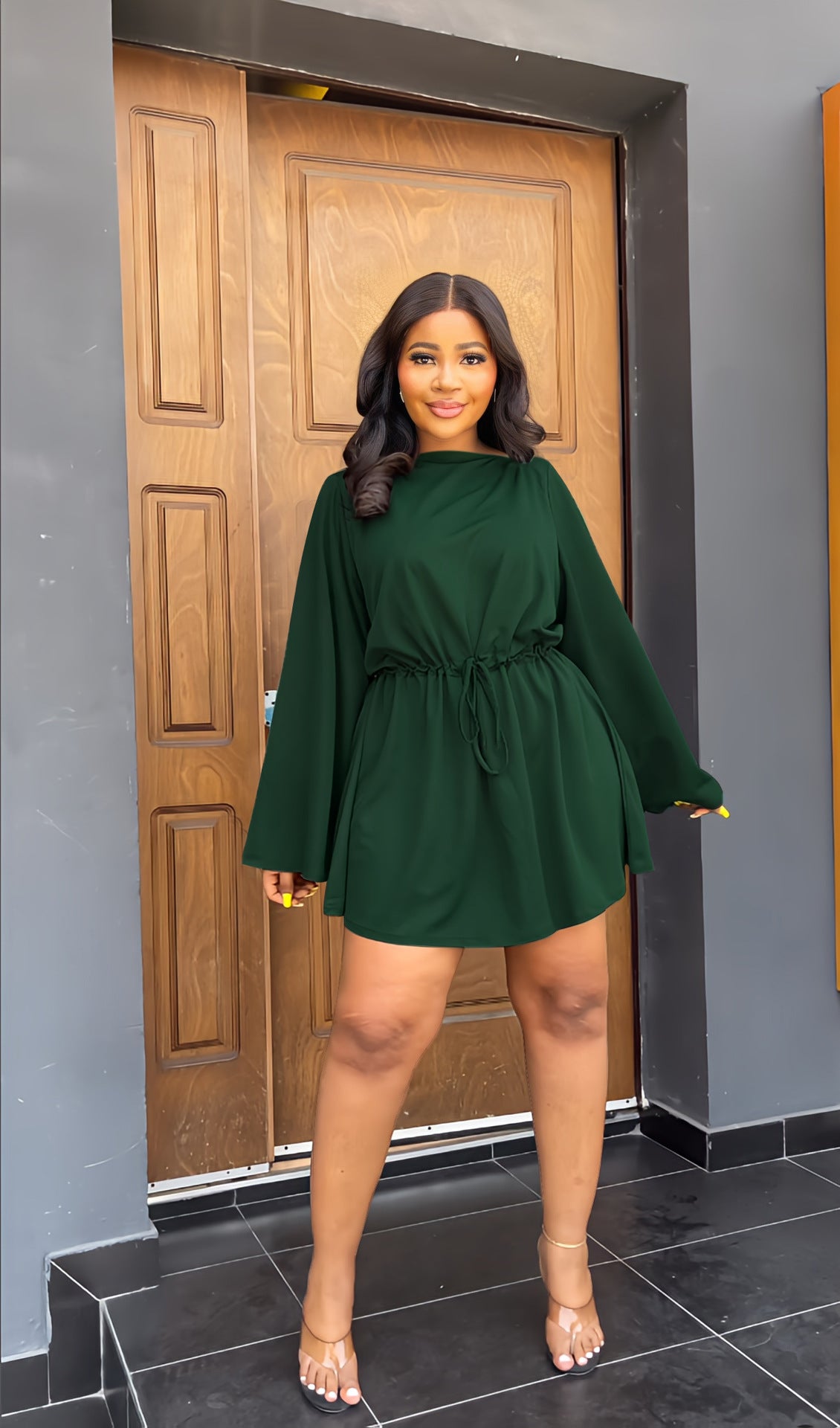 Bell Sleeve Drawstring Slim Waist Casual Women's Dress 5