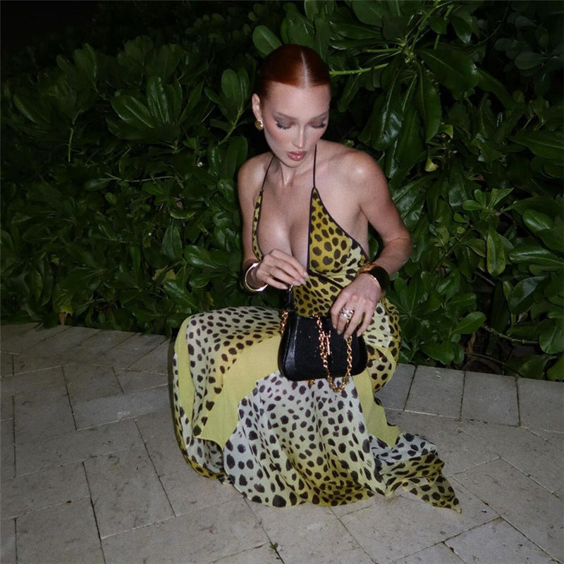 Women Summer Print Halter Neck Hollow Backless Dress 3