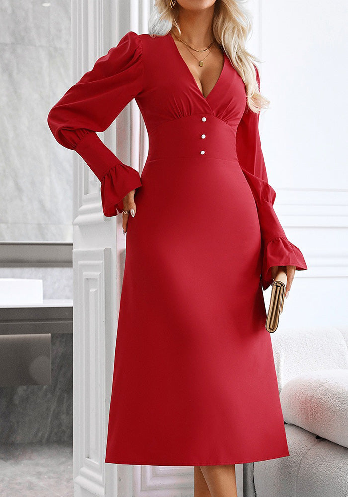 Women Sexy Puff Sleeve V-Neck Dress