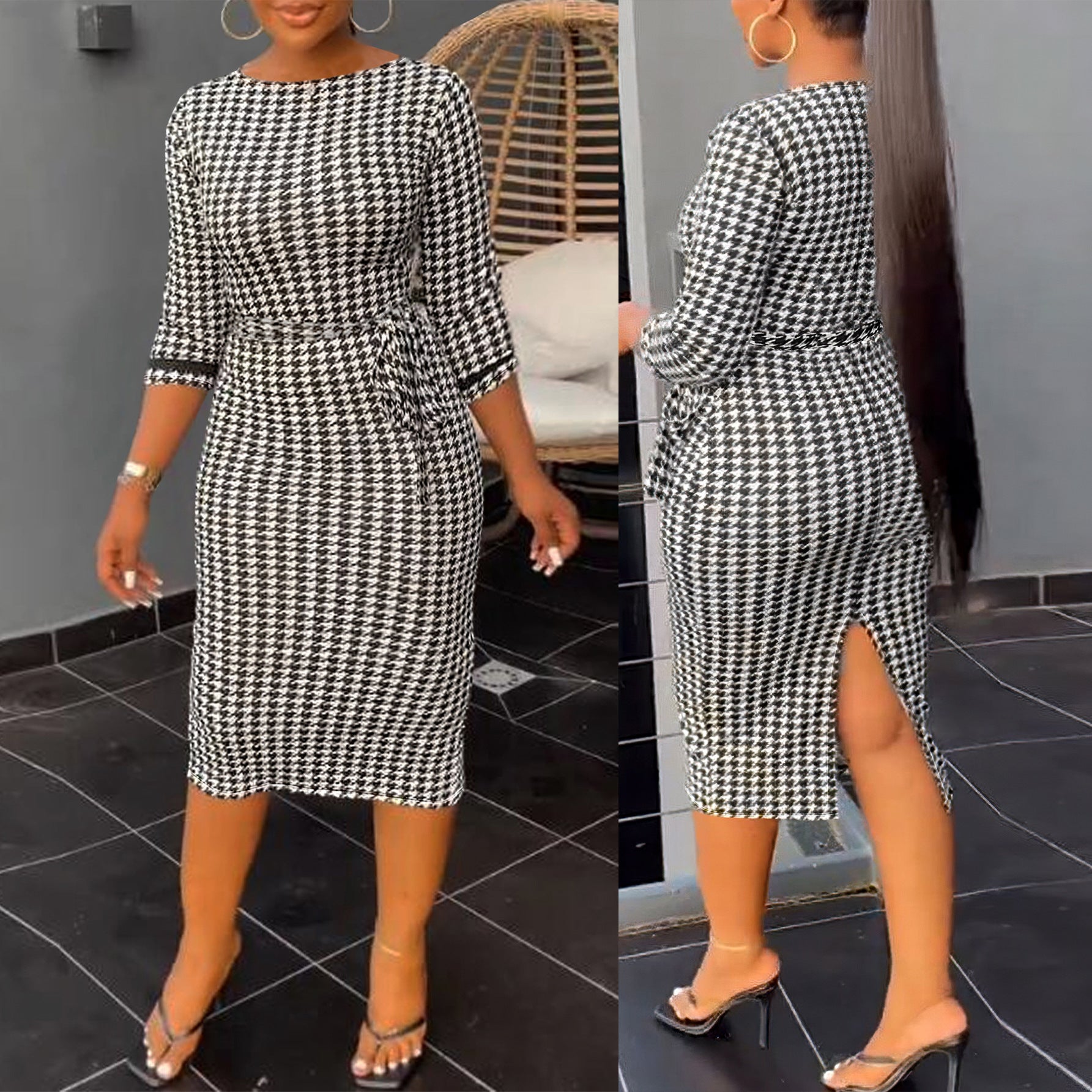 Women Sexy Printed Elastic Black and White Plaid Bodycon Dress 3