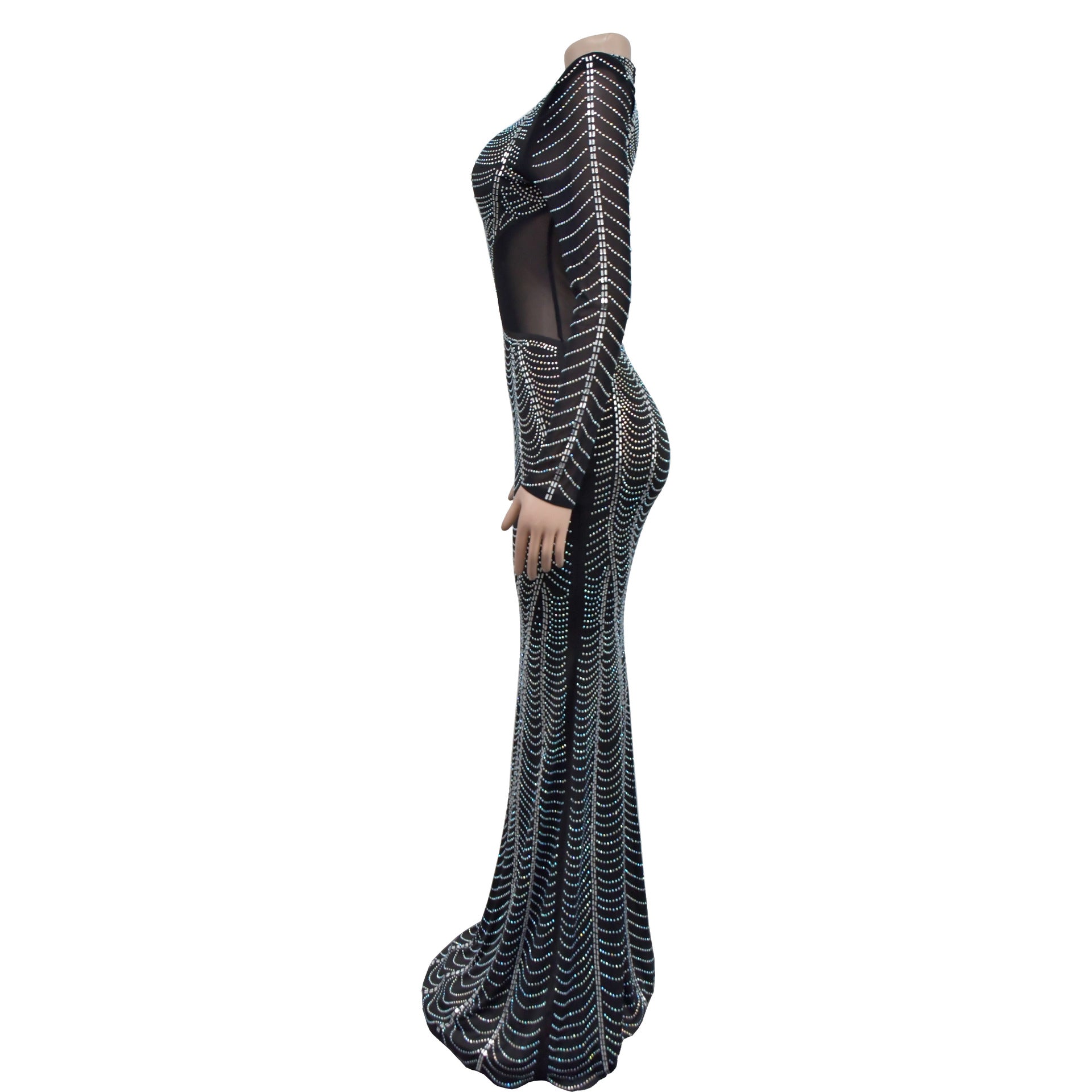 Fashion Women's Solid Color Mesh Beaded Long Dress 14