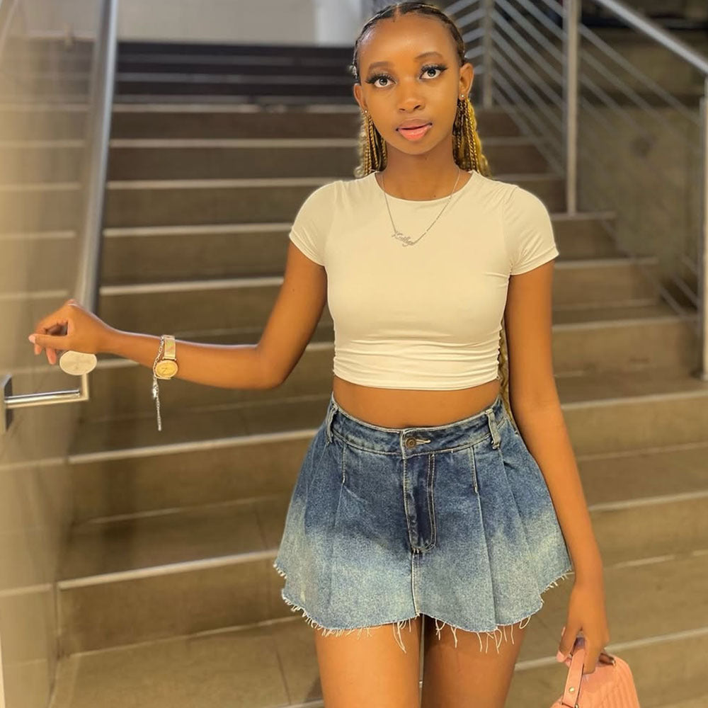 Women Summer Casual Gradient Pleated Denim Skirt 6