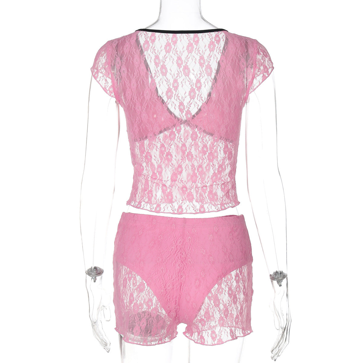 Women summer sexy See-Through Lace Patchwork V-neck Top and shorts two-piece set 9