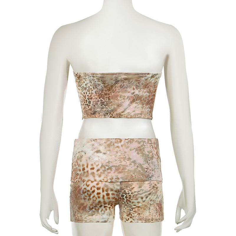 Women Holidays Animal Print Irregular Strapless Top and Shorts Two Piece Set 10