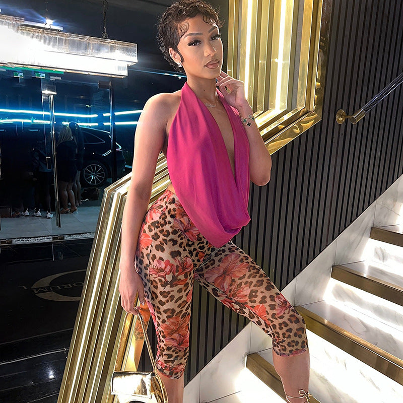 Women Solid Halter Neck Backless Top and Leopard Print Shorts Two-piece Set 3