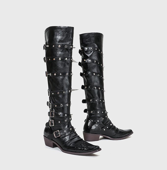 Punk Gothic Wide-Tube Leather Pointed Rivet Long Boots 8