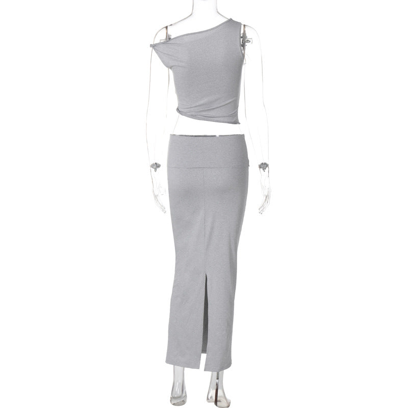 Summer Women's Solid Color Sleeveless Vest Slim Long Skirt Two-Piece Fashion Set 9