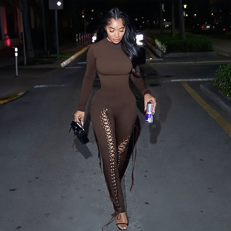 Women Fall/Winter Long-Sleeved Sexy Cutout Lace-Up Jumpsuit 5