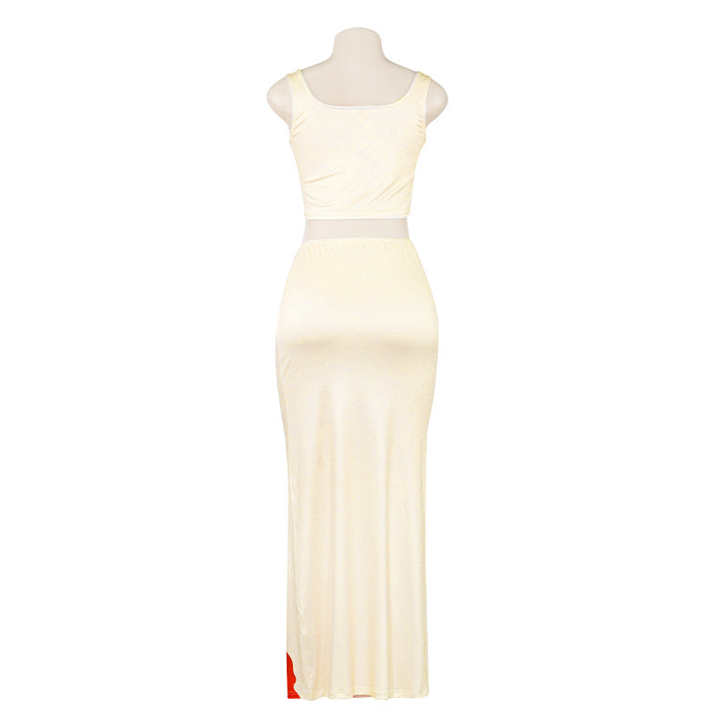 Women summer flower print sleeveless suspenders Crop Top and Long Skirt two-piece set 6