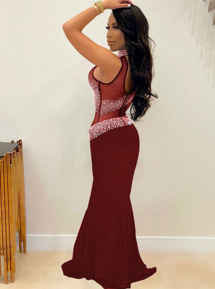 Fall Sexy Red Sequins One Shoulder High Neck Long Dress